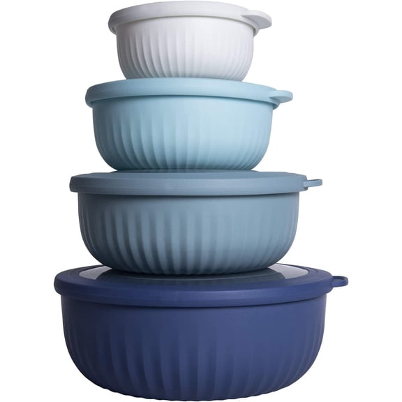 LJTER Prep Bowls with Lids- Wide and Deep Nesting Plastic Small Mixing Bowl Set with Lids, 8 Piece Set - Wide Bowls, Blue