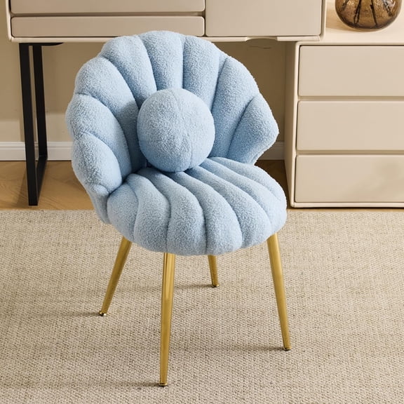 LJTER Shell-Shaped Teddy Fleece Accent Vanity Chair with Back,Comfy Blue and Gold Desk Chair No Wheels,Cute Small Pearl Deco Pillow,Gift for Girls/Women,for Makeup,Office,Dining,Nail,Sewing,Bedroom