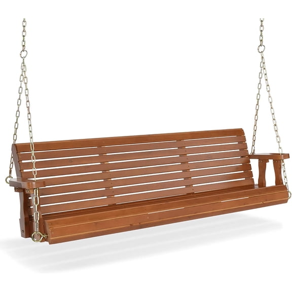 LJTER Upgraded Patio Wooden Porch Swing for Courtyard & Garden, Heavy Duty 880 LBS Swing Chair Bench with Hanging Chains for Outdoors (Brown, 5 FT)
