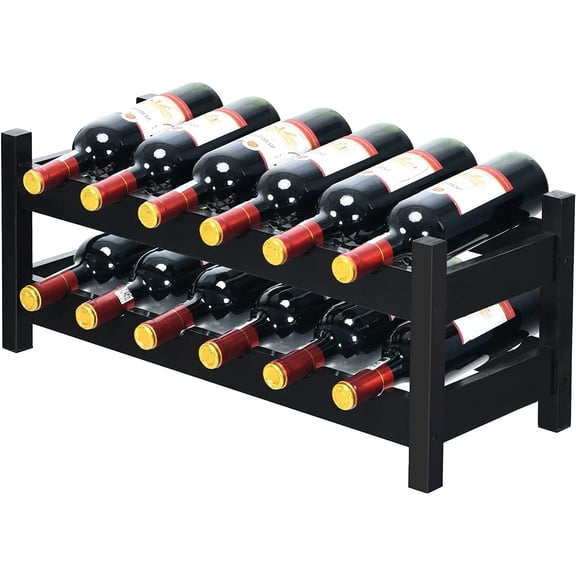 LJTER Wine Rack, Free Standing 12 Bottles 2-Tier Wine Display Rack, Bamboo Wine Storage Rack Tabletop Wine Rack, Brown