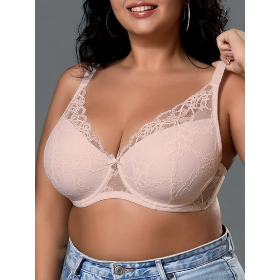 LJVOGUES Women's Lace Sheer Bras Plus Size Full Coverage Sexy Plunge Underwire Bra for Heavy Breast