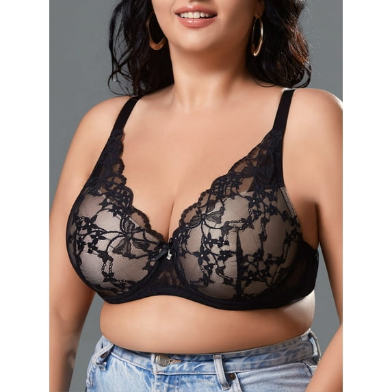 LJVOGUES Women's Lace Sheer Bras Plus Size Full Coverage Sexy Plunge Underwire Bra for Heavy Breast