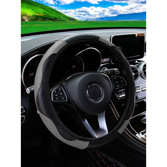 LJing 1-Piece Carbon Fiber PU Leather Steering Wheel Cover, Comfortable No-Inner Ring Auto Interior Accessory (14.5-15 Inches)