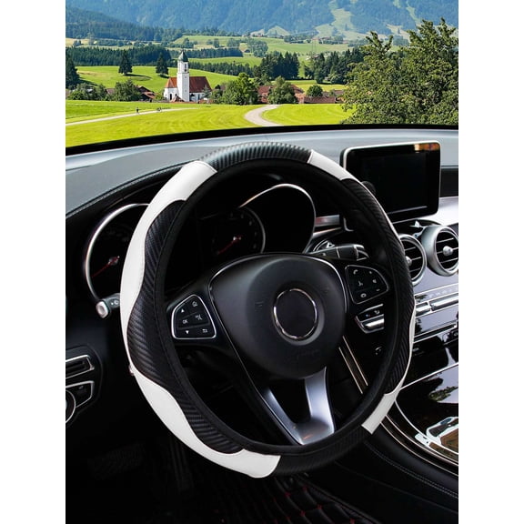 LJing 1-Piece Carbon Fiber PU Leather Steering Wheel Cover, Comfortable No-Inner Ring Auto Interior Accessory (14.5-15 Inches)