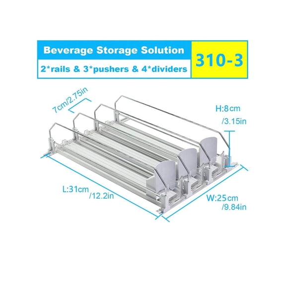 LJing Beverage Storage Solution Set, Easy Glide Pusher & Propeller System With Double-Layer Partition For Fridge, Soda Cans & Bottles Organizer (3/4/5 Set)
