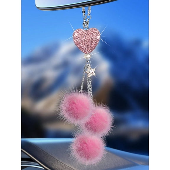 LJing Diamond Encrusted Heart Shaped Car Rearview Mirror Charm Sparkling Pink Auto Accessory For Women (1pc)