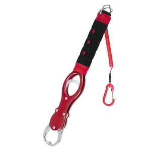 LJing Heavy-Duty Fish Gripper With Scale, Rustproof Aluminum Body & Non-Slip Rubber Handle, Built-in Weight Estimator & Wrist Lanyard (Red)