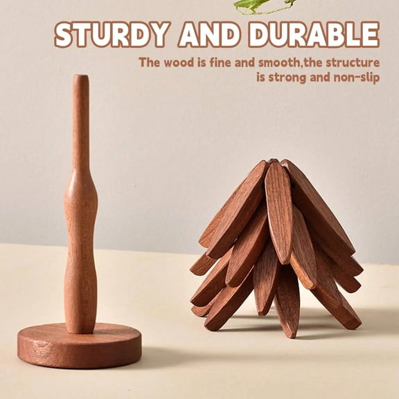LJing Natural Tree Trivet Set (4 Pieces + 1 Stand), Heat Resistant Foldable Wooden Hot Dish Mats