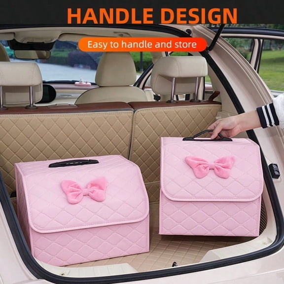 LJing Pink Leather Car Trunk Storage Box  Multifunctional Foldable Vehicle Organizer, Premium Interior Accessory (1pc)