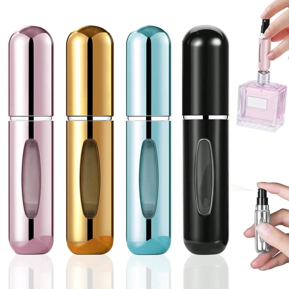 LJing Portable Refillable Perfume Atomizers, 5ml Leak-Proof Travel Spray Bottles For Fragrance & Cologne (Bright Pink, Gold, Blue & Black, 4 Pack)