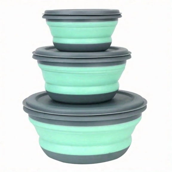 LJing Silicone Folding Bowls With Lids, Portable Extendable Tableware Set For Outdoor Travel, Camping And Picnics, Green (4.7/5.9/7.48 Inches, 3pcs)