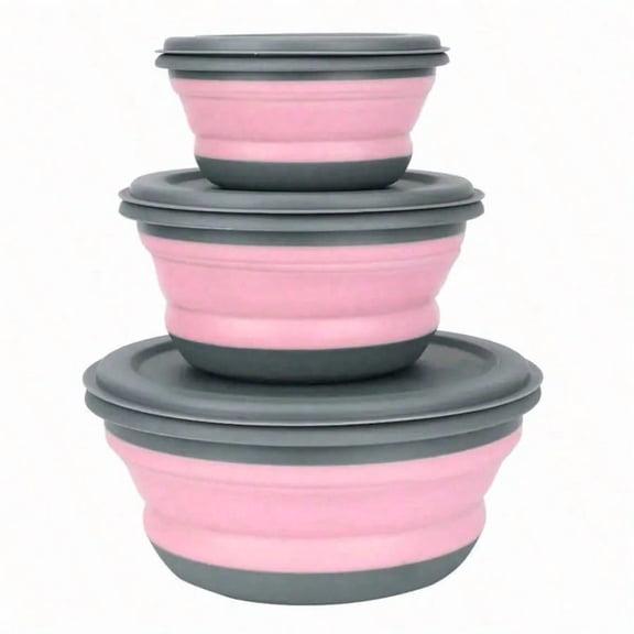 LJing Silicone Folding Bowls With Lids, Portable Extendable Tableware Set For Outdoor Travel, Camping And Picnics, Pink (4.7/5.9/7.48 Inches, 3pcs)