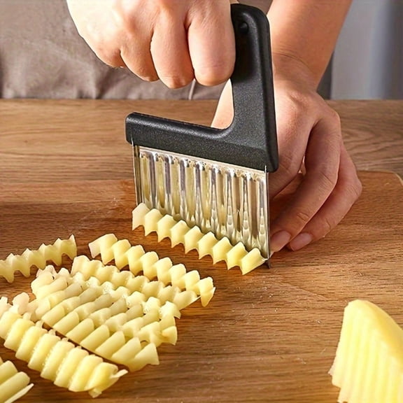 LJing Stainless Steel Manual Wavy Blade Potato Slicer, Ergonomic Vegetable Cutter for Curly Fries & Hash Browns