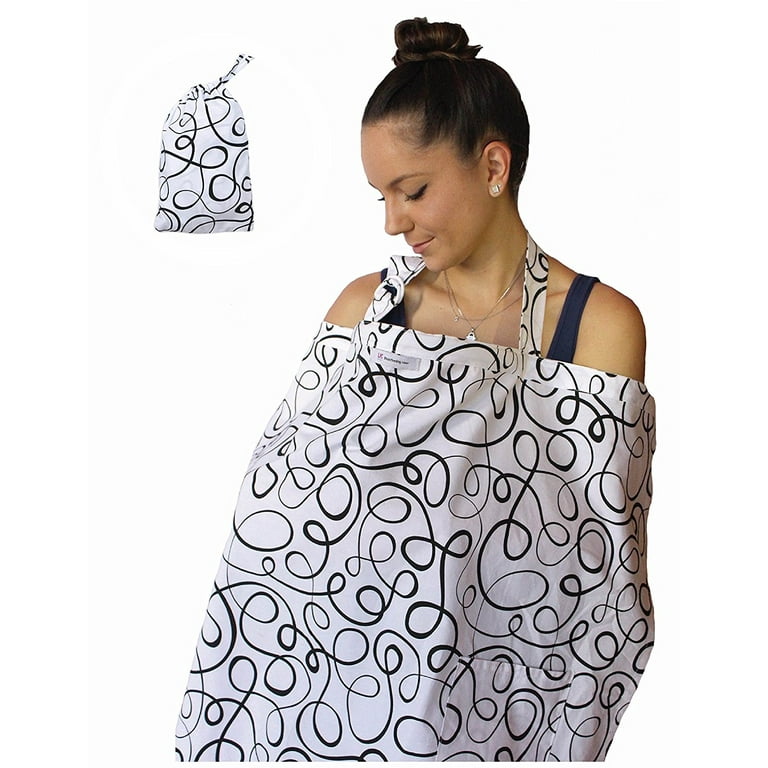 LK Baby Breastfeeding Nursing Cover Apron Privacy Cover Pumping Supplies  for New Moms with Matching Travel Pouch Multi Use Lightweight Soft Cotton -  Great Baby Shower Gift in Black and White 