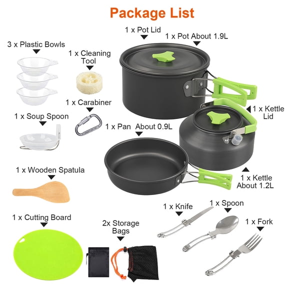(LK-LTD)--16Pcs Camping Cooking Ware Set Camping Stove Cookware Kit Aluminum Pot Pan Kettle Set With Bowls Knife Fork Spoon Carabiner Spatula Cutting Board For Hiking Picnic Outdoor**--（f544l; ）