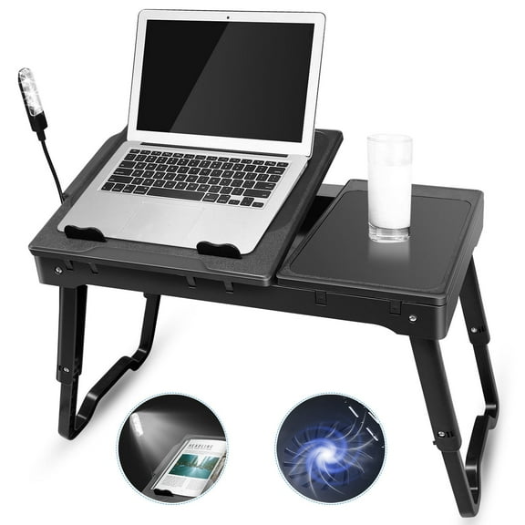 Huayusheng Foldable Laptop Bed Desk with Cooling Fan Mouse Board LED Light 4 USB Ports Storage Groove Breakfast Tray