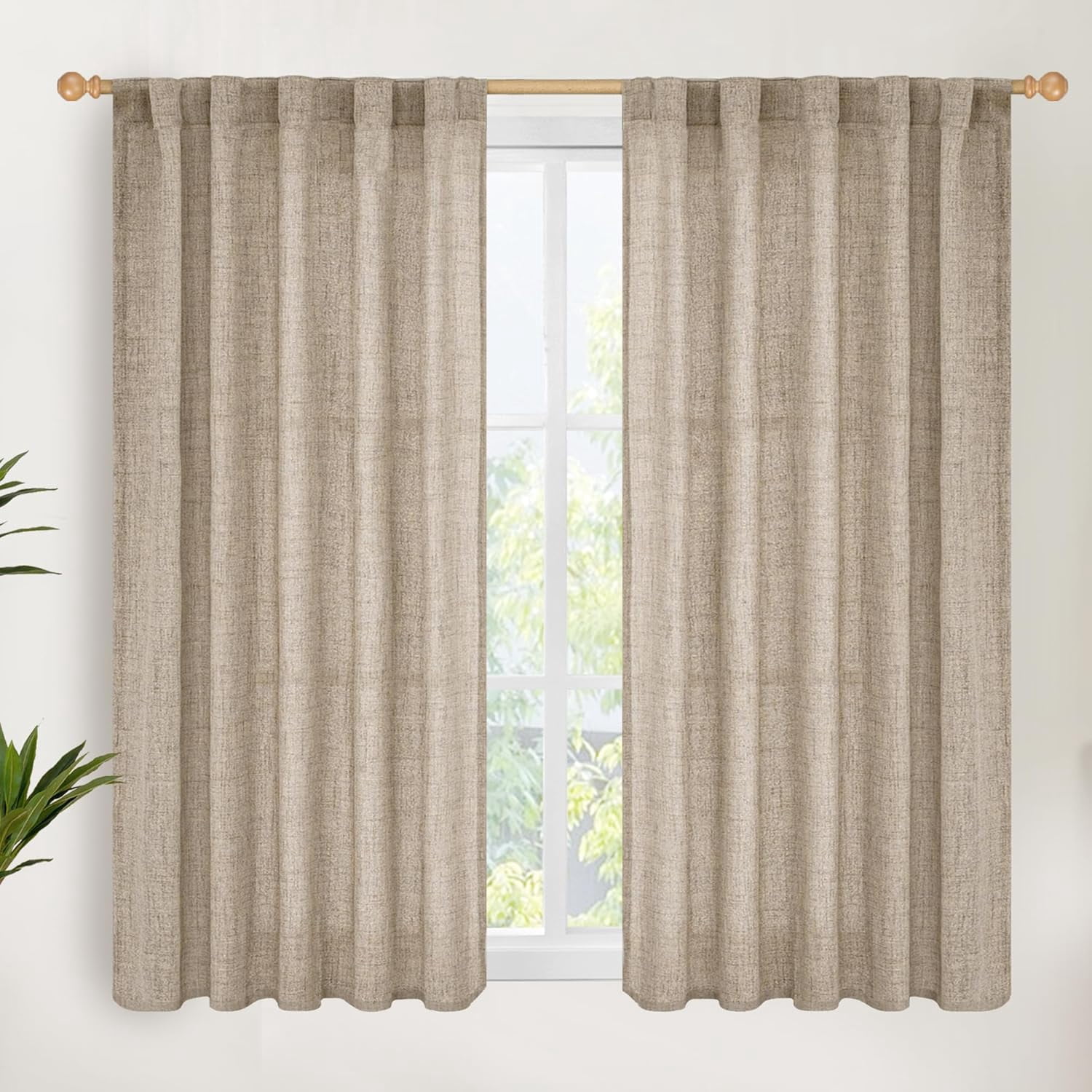 LKIFFA-Oatmeal Linen Curtains 48 Inch Length, Burlap Semi Sheer Drapes