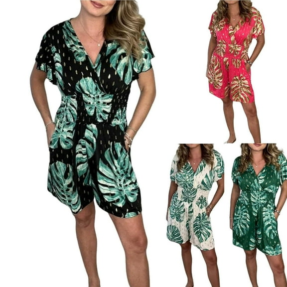 LKJYER Casual Floral Polka Dot Pocket Rompers, Floral Polka Dot Pocket Rompers, Elastic Waist Wide Leg Shorts Jumpsuits