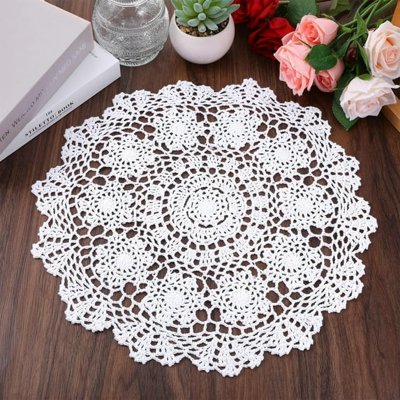 LKJYER Dollies for Tables, Large Cotton Handmade Table Doilies Vintage Round Crochet Doilies Lace Placemats Knitted Tablecloth for Home Kitchen Dining Room Wedding Party Decoration (White)
