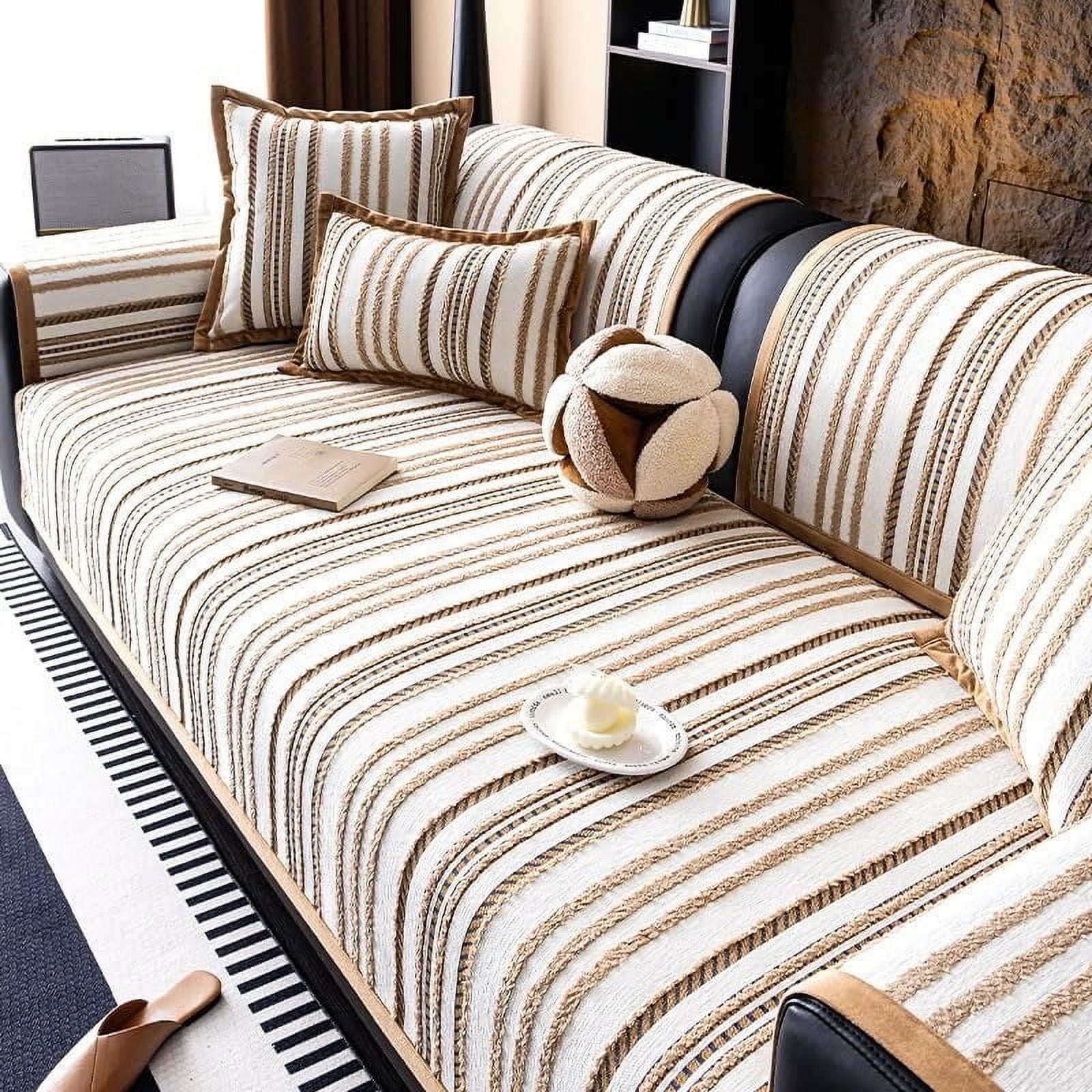 LKJYER Luxury Sectional Couch Cushion Cover for Furniture Protect,Washable Sofa Cover for Sofa,Striped Chenille Non-Slip Sofa Slipcover,Couch Protector for Dog