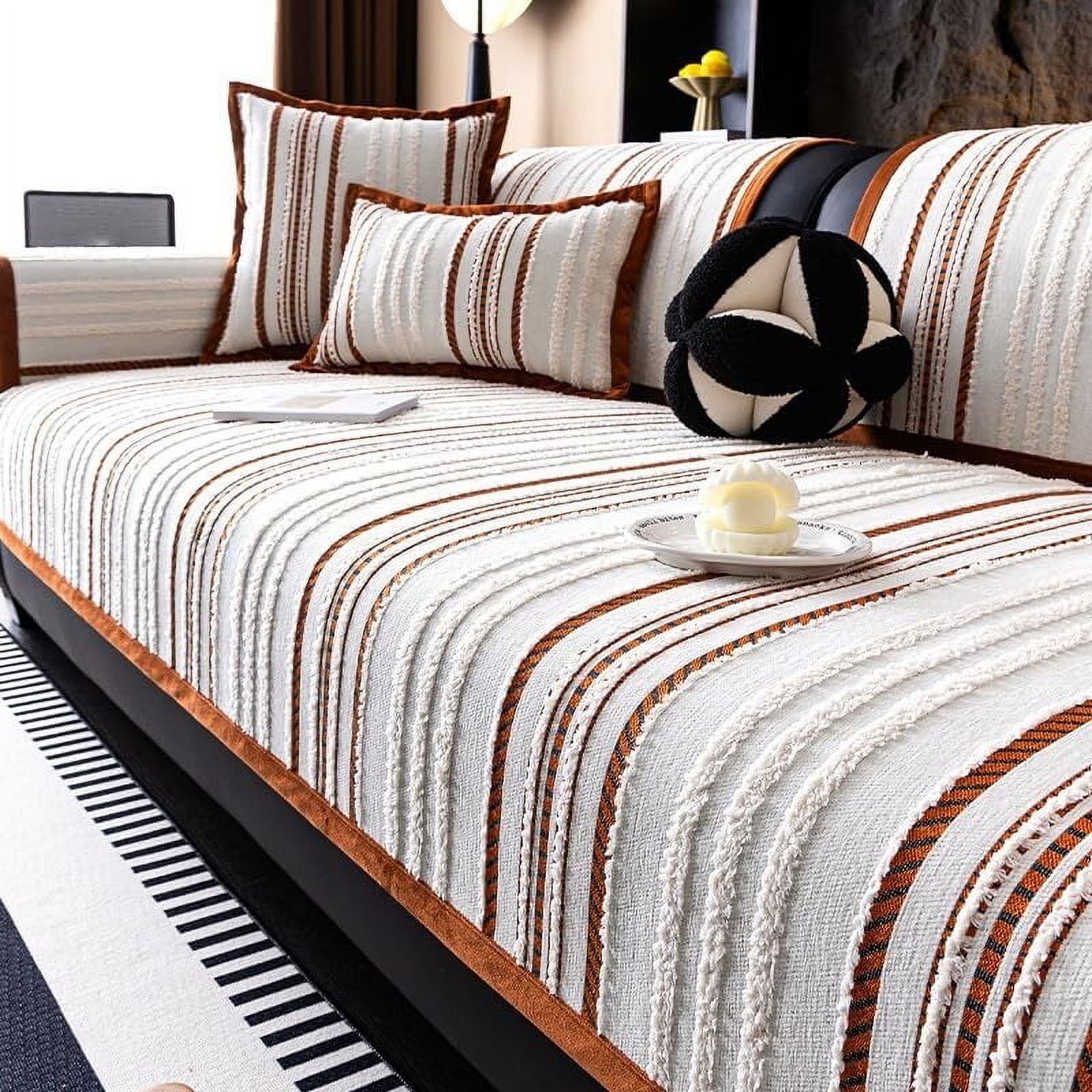 LKJYER Luxury Sectional Couch Cushion Cover for Furniture Protect,Washable Sofa Cover for Sofa,Striped Chenille Non-Slip Sofa Slipcover,Couch Protector for Dog