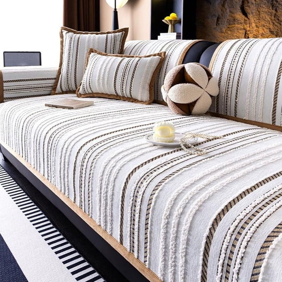 LKJYER Luxury Sectional Couch Cushion Cover for Furniture Protect,Washable Sofa Cover for Sofa,Striped Chenille Non-Slip Sofa Slipcover,Couch Protector for Dog