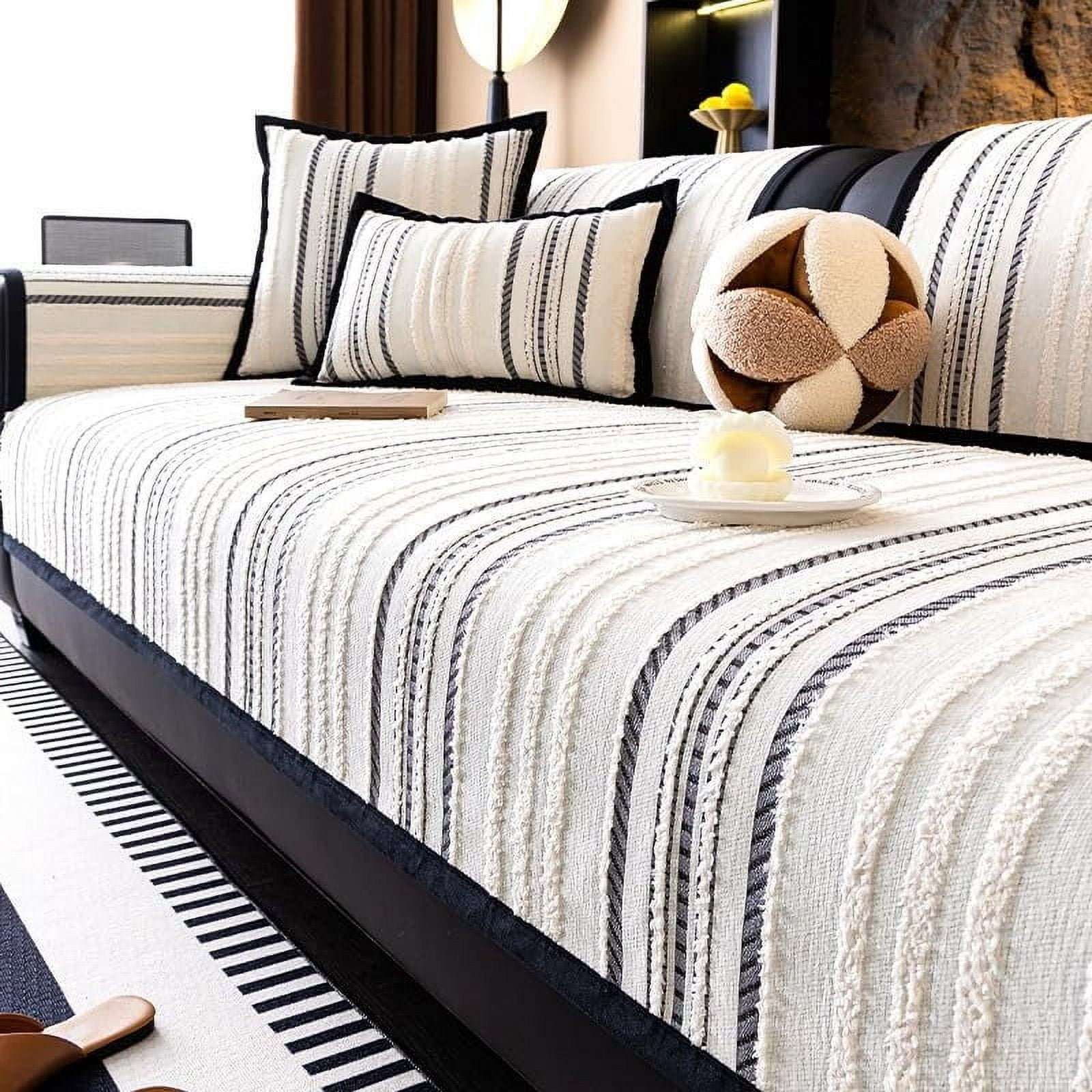 LKJYER Luxury Sectional Couch Cushion Cover for Furniture Protect,Washable Sofa Cover for Sofa,Striped Chenille Non-Slip Sofa Slipcover,Couch Protector for Dog