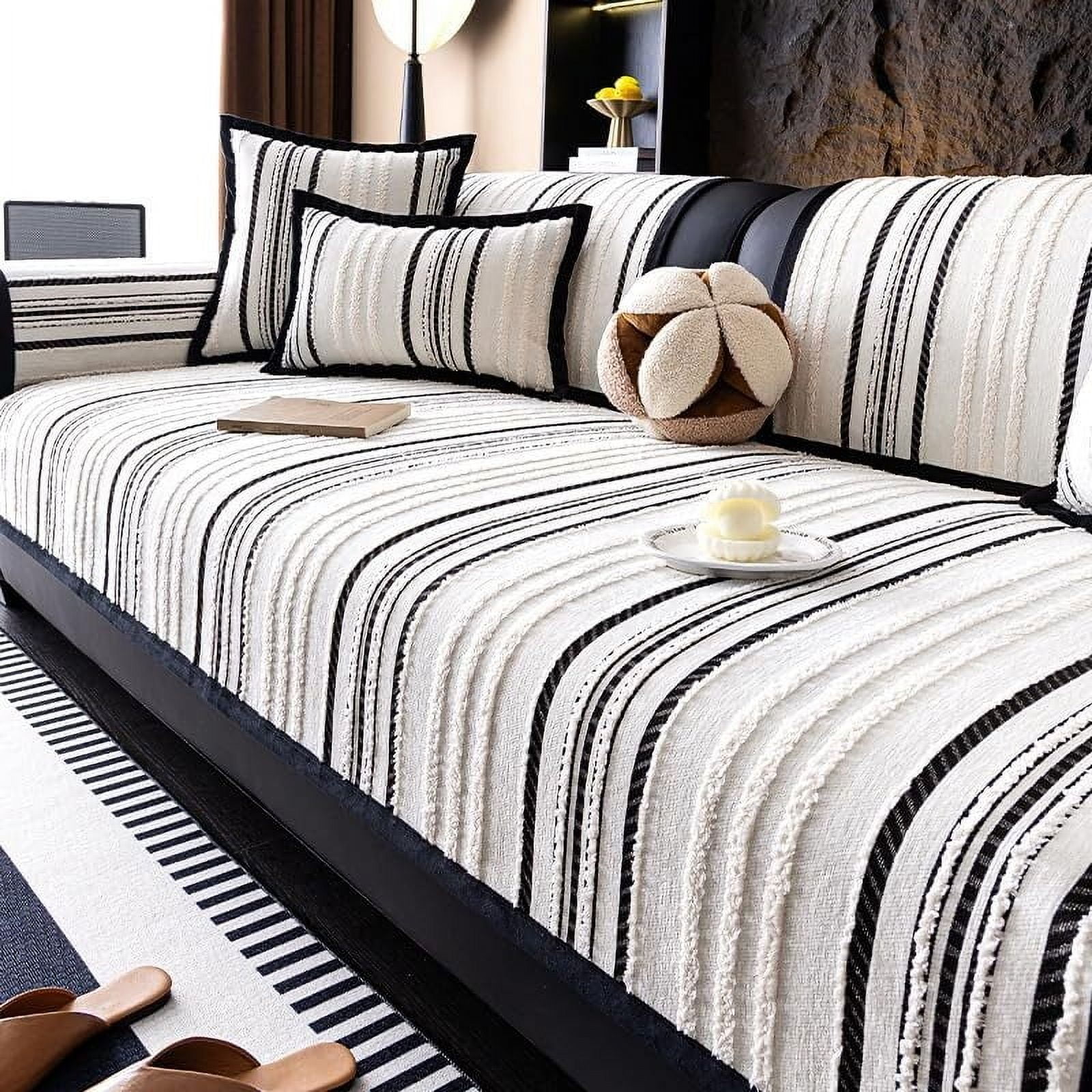 LKJYER Luxury Sectional Couch Cushion Cover for Furniture Protect,Washable Sofa Cover for Sofa,Striped Chenille Non-Slip Sofa Slipcover,Couch Protector for Dog