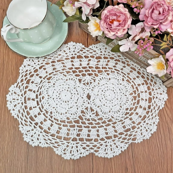 LKJYER Phantomon Lace Doilies Handmade Crochet Placemats Cotton Doilies Cloth Lace, Pack of 4, Oval Shape, 10 x 14 inch (White)