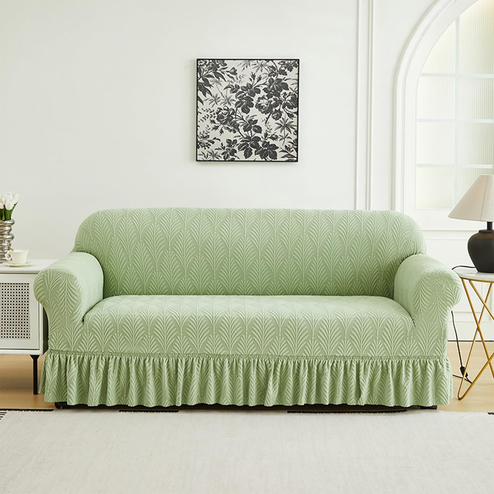 LKJYER Stretch Sofa Couch Slipcover with Skirt, Non-Slip Jacquard Universal Soft Sofa Cover with Elastic Bottom, Pet Proof Washable Breathable Furniture Protector for Living Room,