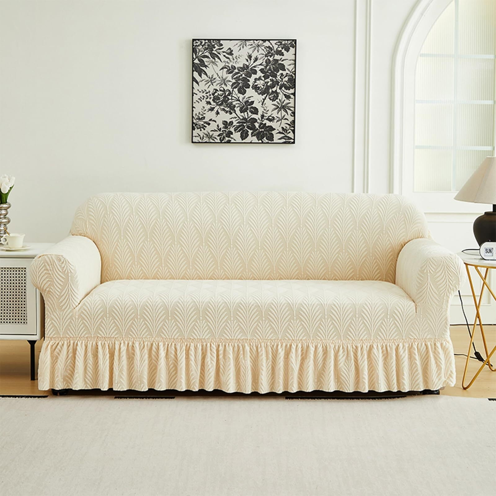 LKJYER Stretch Sofa Couch Slipcover with Skirt, Non-Slip Jacquard Universal Soft Sofa Cover with Elastic Bottom, Pet Proof Washable Breathable Furniture Protector for Living Room,