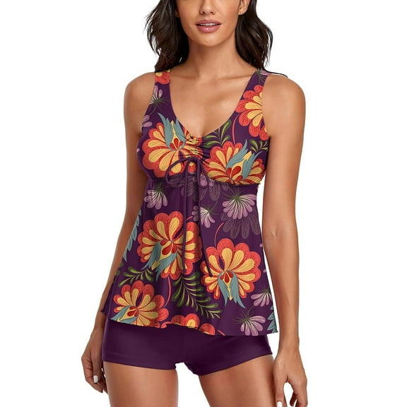 LKJYER Women Bathing Suits Tankini Tankini Swimsuits for Women 2025 Two Piece Swim Bathing Suits Tankini Top with Shorts Tummy Control Swimwear