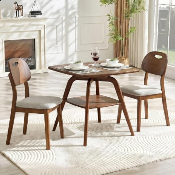 LKTART 2-Piece Dining Set Square Solid Walnut Table + 2 Black PU Chairs - Perfect for Small Spaces, Kitchens, and Dining Rooms - Space-Saving Design