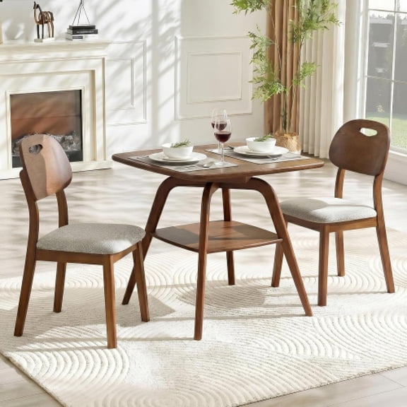 LKTART 2-Piece Dining Set Square Solid Walnut Table + 2 Black PU Chairs - Perfect for Small Spaces, Kitchens, and Dining Rooms - Space-Saving Design