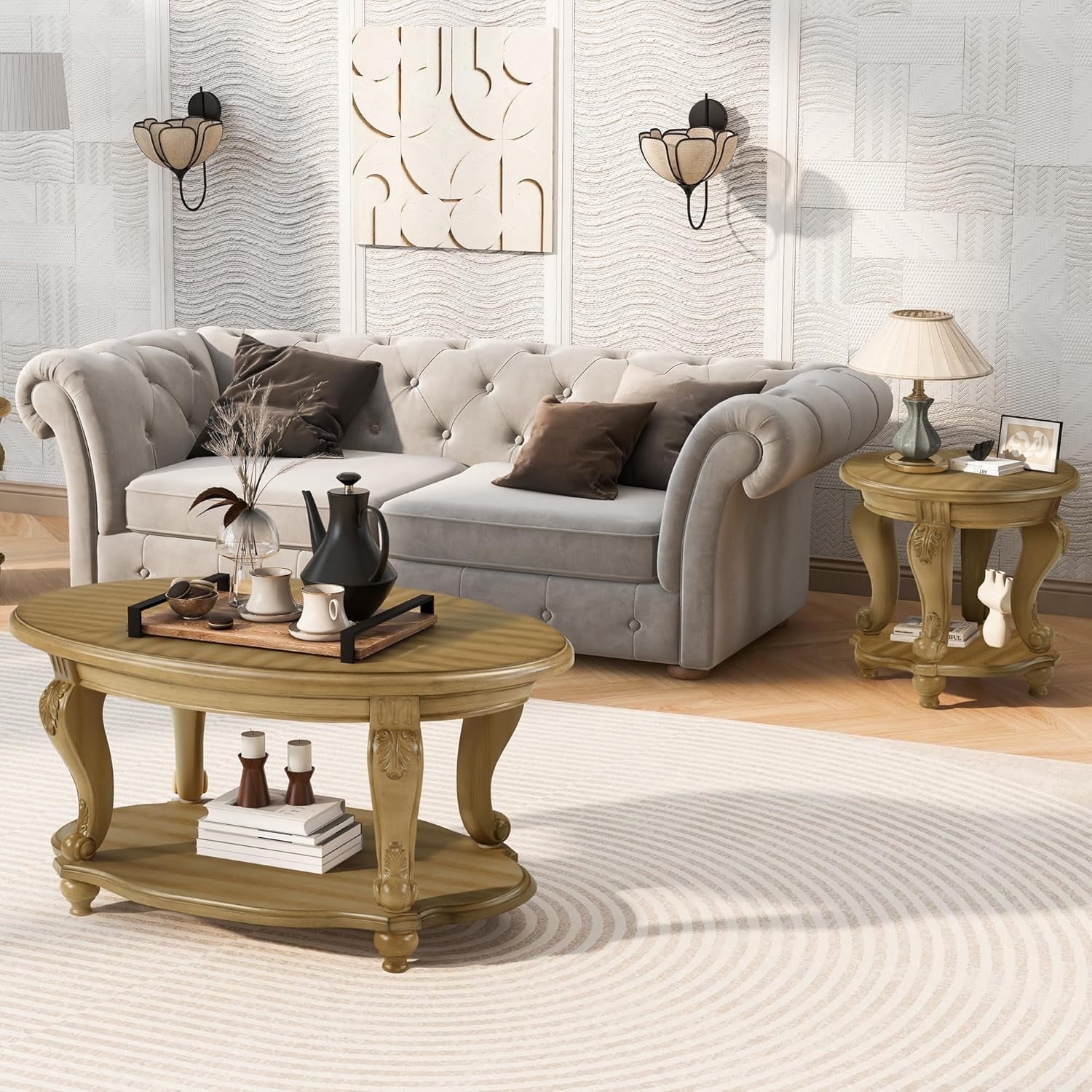 LKTART 3-Piece Coffee Table Set, Coffee Table and Round End Tables Set of 2, Victorian Living Room Coffee Table Sets, Antique