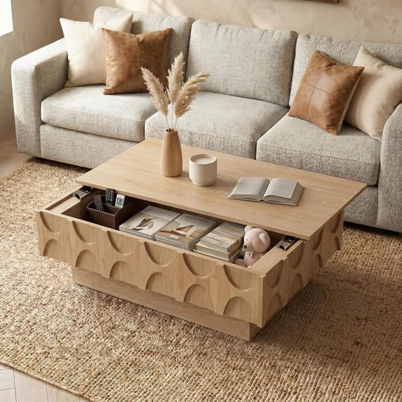 LKTART 38.6" Mid Century Modern Coffee Table with Sliding Top Hidden Storage, Solid Wood Veneer Rectangle Center Table for Living Room Home, Natural