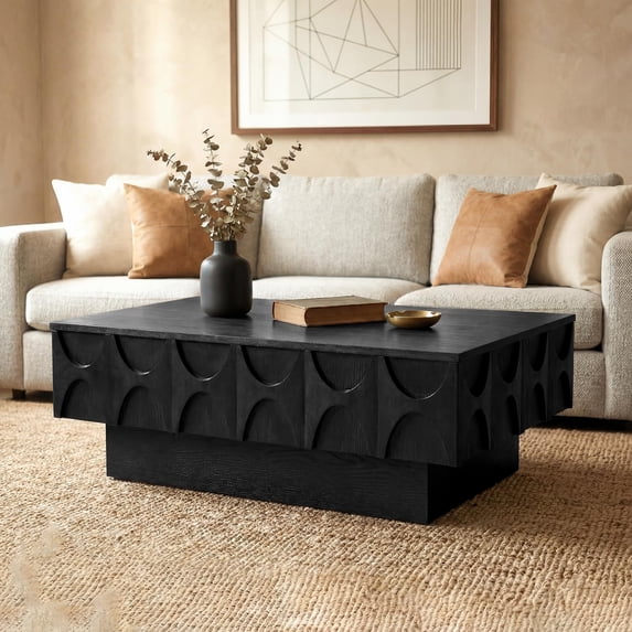 LKTART 38.6" Modern Coffee Table with Sliding Top & Hidden Storage, Solid Wood Veneer Mid Century Rectangle Center Table for Living Room Home Office, Black