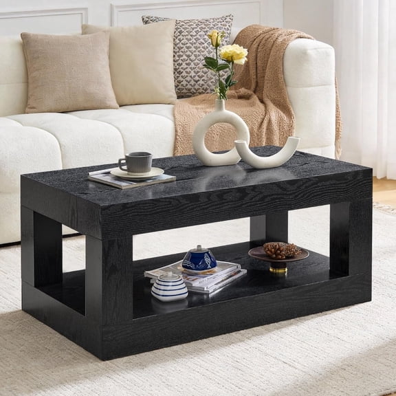 LKTART 39.37" 2-Tier Storage Coffee Table Thick Top Rustic Mid Century Rectangular Cocktail Table for Living Room Office Apartment, Black