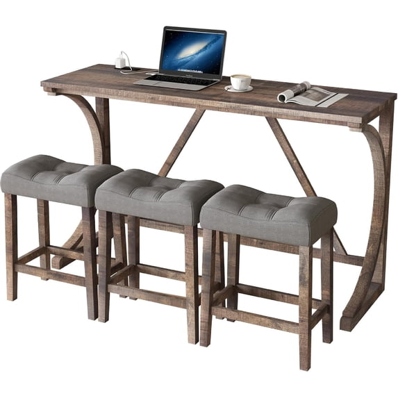 LKTART 4 Piece Bar Table Set with Power Outlet 59 Inch Industrial Dining Table and 3 Padded Stools for Living Room Dining Room Game Room Brown