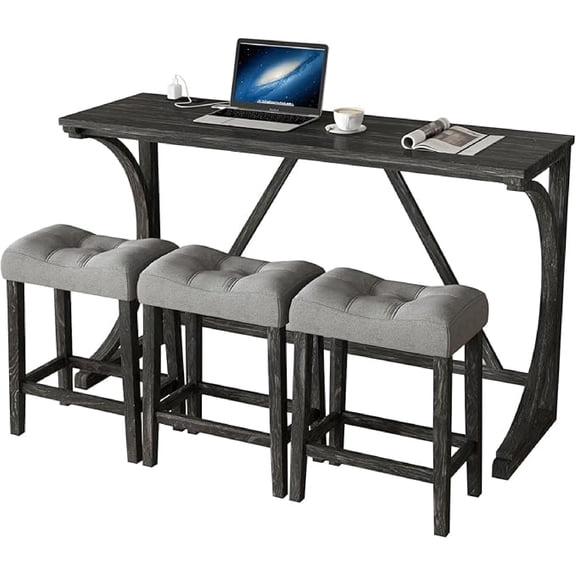 LKTART 4 Piece Bar Table Set with Power Outlet 59 Inch Industrial Dining Table with 3 Padded Stools for Living Room Dining Room Game Room Black