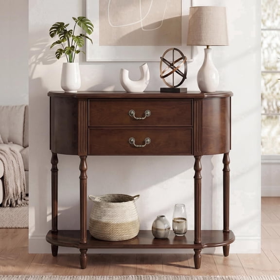 LKTART 43" Curved Console Table with 2 Drawers and Open Shelf, Solid Wood Legs Half Moon Sofa Table for Entryway & Hallway, Walnut Finish