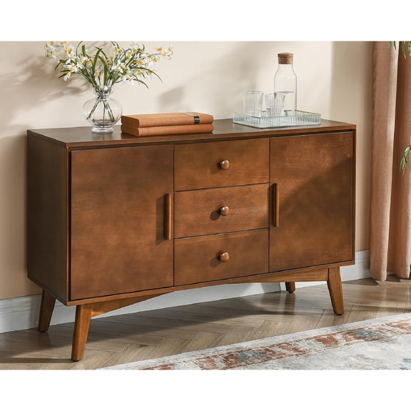 LKTART 47.3" Mid Century Modern Sideboard Buffet Cabinet with Solid Wood Frame&Legs,Accent Storage Cabinet with 2 Doors and 3 Drawers for Kitchen,Entryway,Walnut
