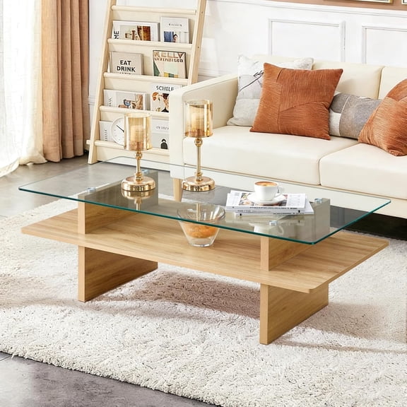 LKTART 47" Rectangle 2-Tier Glass Coffee Table - Modern Tempered Glass Top with Natural Wood Base, Accent Center Table for Living Room, Apartment, Study