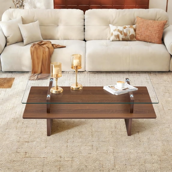 LKTART 47" Rectangle 2-Tier Glass Coffee Table, Modern Tempered Glass Top with Walnut Wood Base Accent Center Table for Living Room Apartment Study