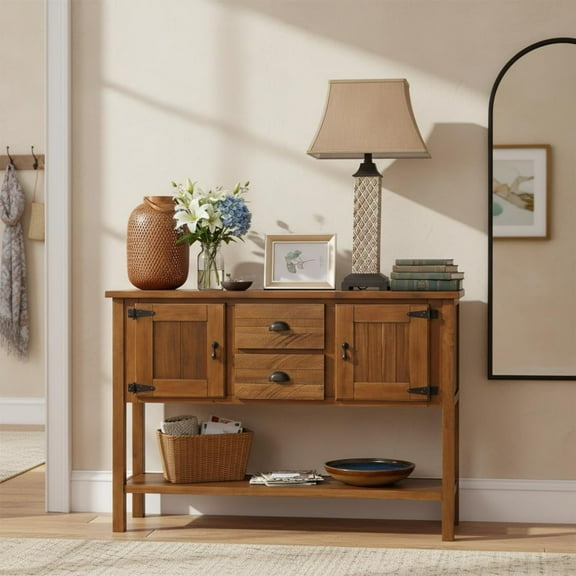 LKTART 48" Solid Wood 2-Doors 2-Drawers Farmhouse Kitchen Buffet Cabinet with Storage Shelves Brown