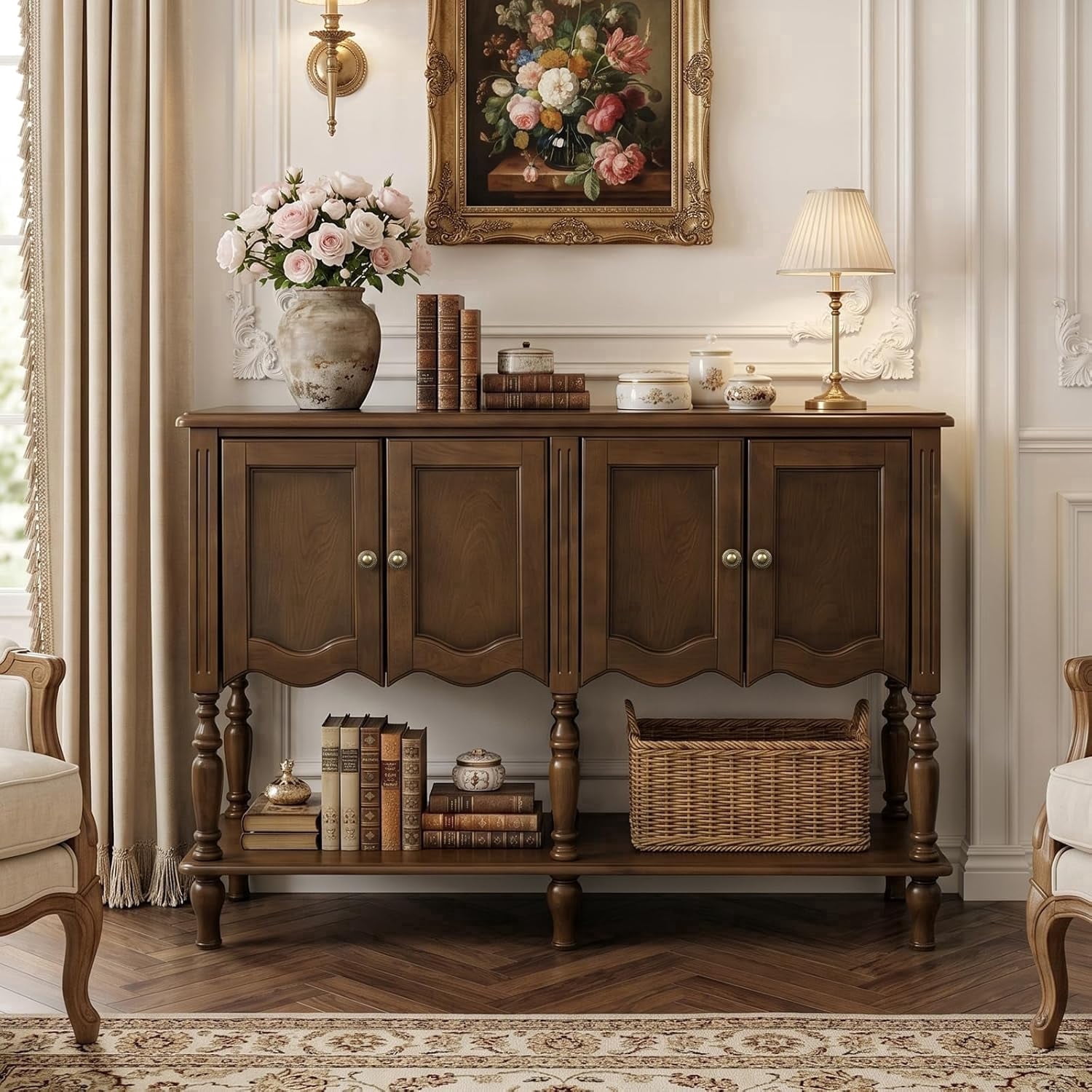 LKTART 51.2" Mid-Century Farmhouse Console Table, Solid Wood Veneer MDF with 4 Doors and Open Shelf, Walnut