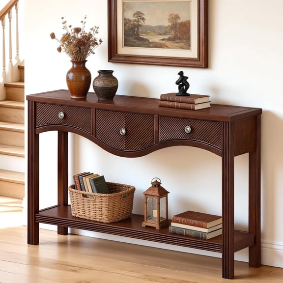 LKTART 52" Fluted Console Table, Retro Entryway Sofa Table with 3 Drawers & Solid Wood Legs, Storage Table with Open Shelf for Living Room Hallway Foyer,Espresso