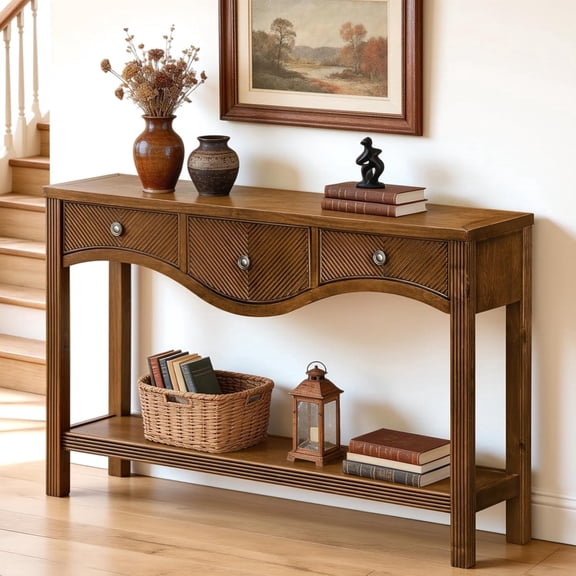 LKTART Modern Fluted Scalloped Edge 3-Drawer Open Shelf Waterproof Pine Console Table, Brown