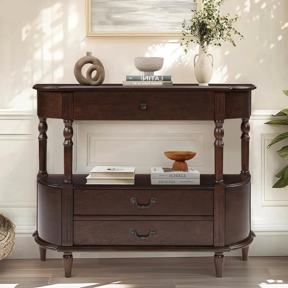 LKTART 52" Half Moon Console Table, Retro Curved Entryway Table with 3 Drawers & Open Shelf, Solid Wood Pine Legs, Espresso for Living Room Foyer