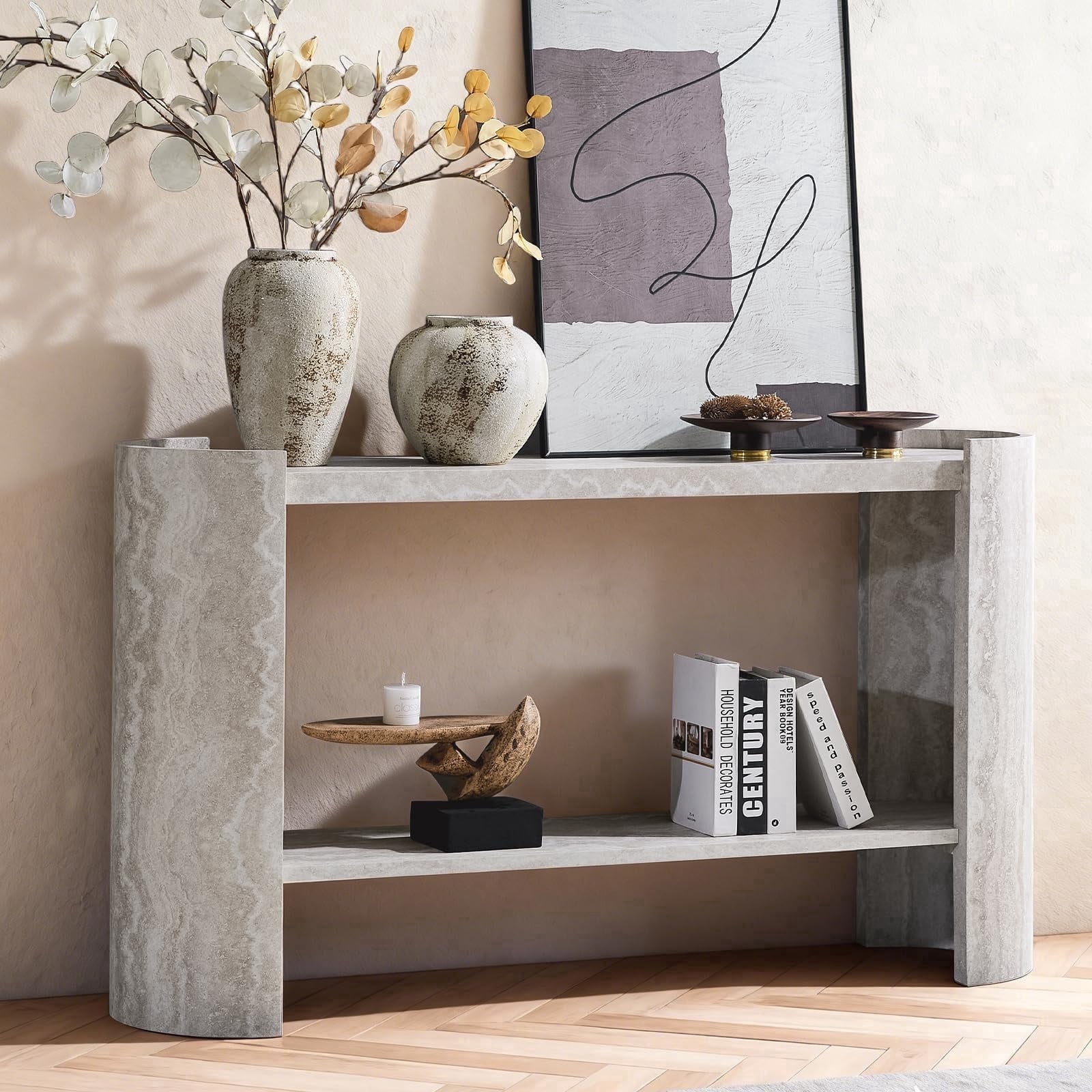 LKTART 53" MDF Console Table for Entryway, Narrow Faux Marble Sofa Table with Curved Legs - Living Room